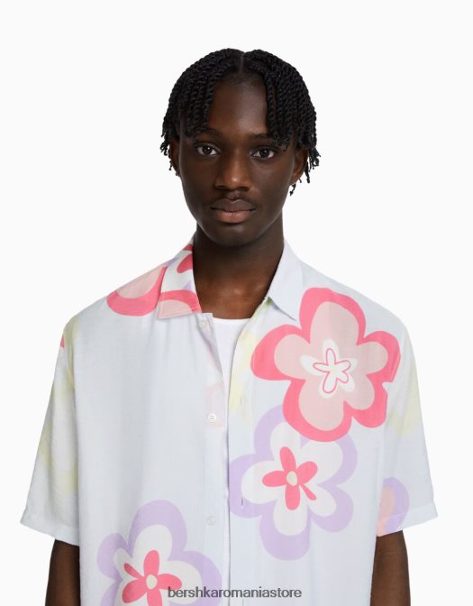 Bershka bărbați cămașă cu mânecă scurtă cu imprimeu floral albastru deschis Z86D2867 îmbrăcăminte