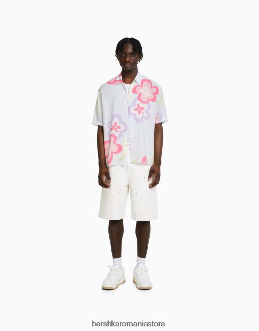 Bershka bărbați cămașă cu mânecă scurtă cu imprimeu floral albastru deschis Z86D2867 îmbrăcăminte