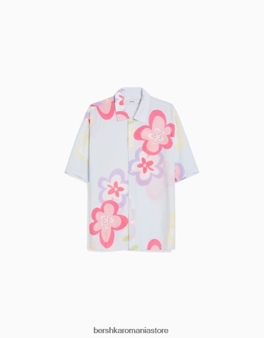 Bershka bărbați cămașă cu mânecă scurtă cu imprimeu floral albastru deschis Z86D2867 îmbrăcăminte