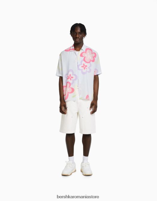 Bershka bărbați cămașă cu mânecă scurtă cu imprimeu floral albastru deschis Z86D2869 îmbrăcăminte