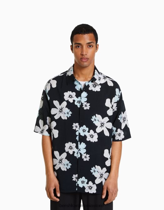 Bershka bărbați cămașă cu mânecă scurtă cu imprimeu floral negru Z86D2891 îmbrăcăminte