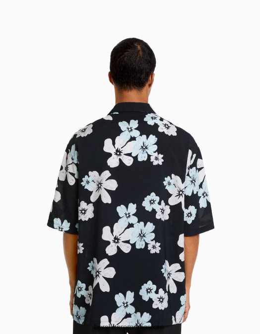 Bershka bărbați cămașă cu mânecă scurtă cu imprimeu floral negru Z86D2891 îmbrăcăminte