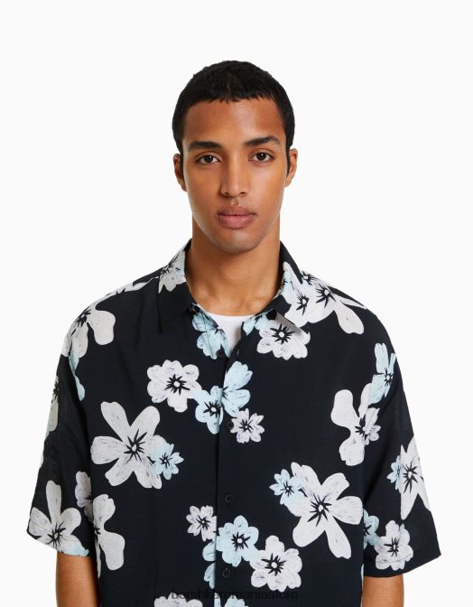 Bershka bărbați cămașă cu mânecă scurtă cu imprimeu floral negru Z86D2891 îmbrăcăminte