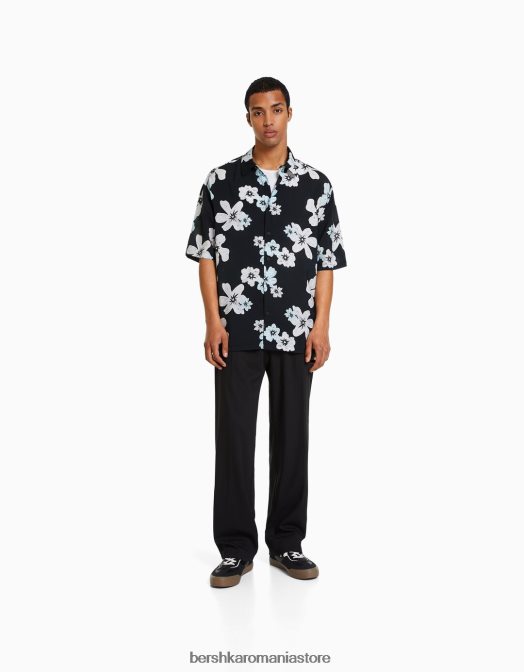 Bershka bărbați cămașă cu mânecă scurtă cu imprimeu floral negru Z86D2891 îmbrăcăminte