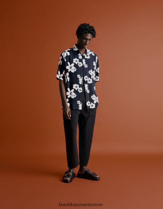 Bershka bărbați cămașă cu mânecă scurtă cu imprimeu floral negru Z86D2891 îmbrăcăminte