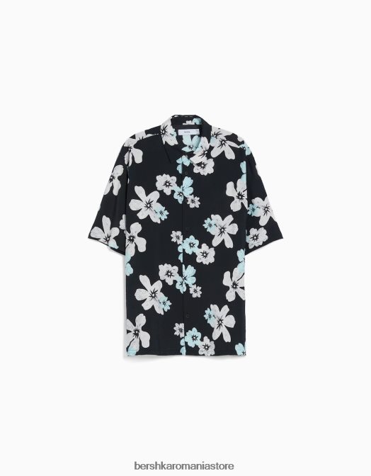 Bershka bărbați cămașă cu mânecă scurtă cu imprimeu floral negru Z86D2891 îmbrăcăminte