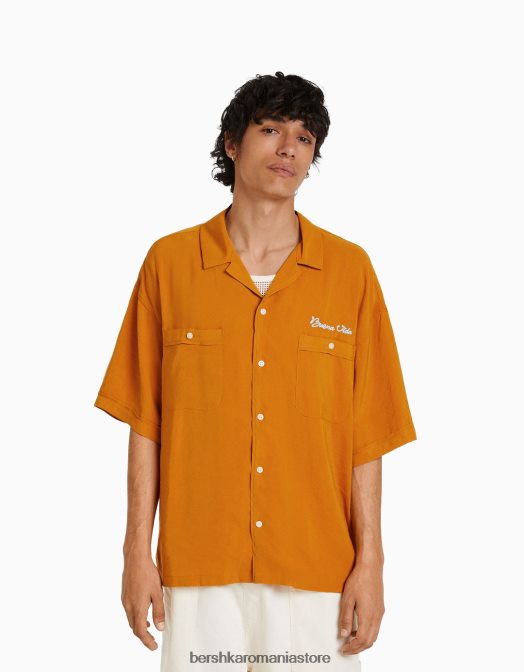 Bershka bărbați cămașă cu mânecă scurtă cu imprimeu la spate muştar Z86D2914 îmbrăcăminte