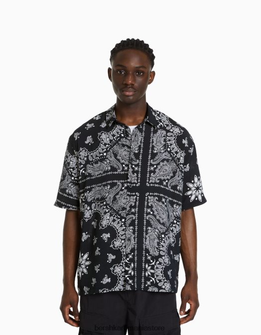 Bershka bărbați cămașă cu mânecă scurtă cu imprimeu paisley alb negru Z86D2870 îmbrăcăminte