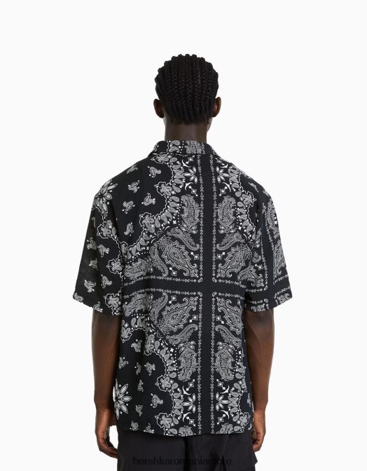Bershka bărbați cămașă cu mânecă scurtă cu imprimeu paisley alb negru Z86D2870 îmbrăcăminte