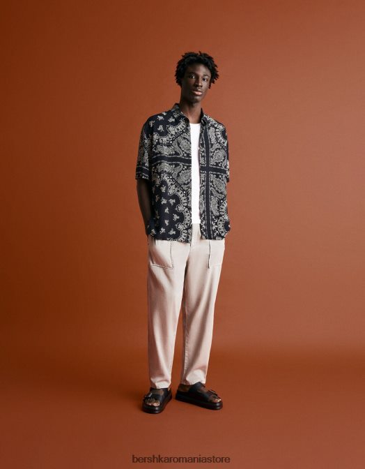 Bershka bărbați cămașă cu mânecă scurtă cu imprimeu paisley alb negru Z86D2870 îmbrăcăminte