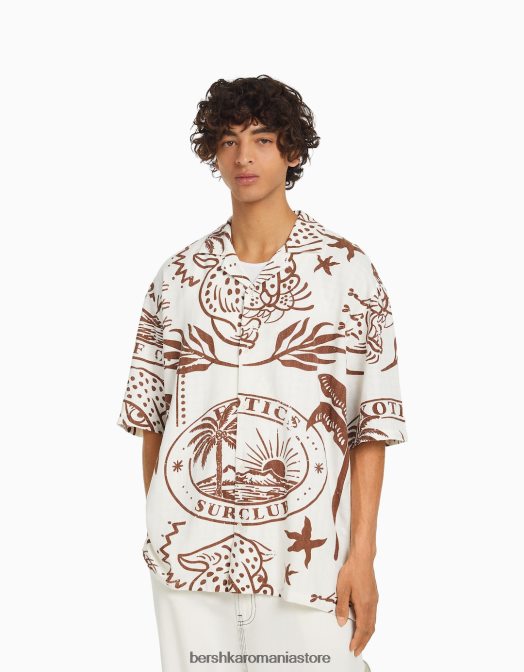 Bershka bărbați cămașă cu mânecă scurtă cu imprimeu rustic aproape alb Z86D2889 îmbrăcăminte