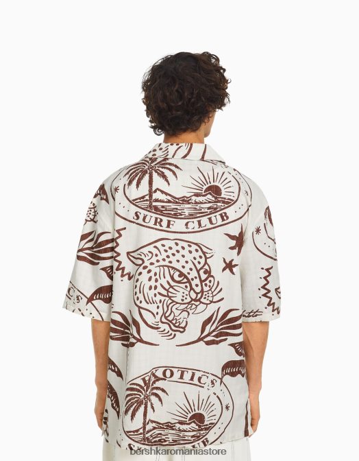 Bershka bărbați cămașă cu mânecă scurtă cu imprimeu rustic aproape alb Z86D2889 îmbrăcăminte