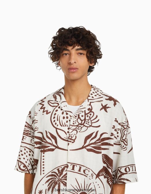 Bershka bărbați cămașă cu mânecă scurtă cu imprimeu rustic aproape alb Z86D2889 îmbrăcăminte