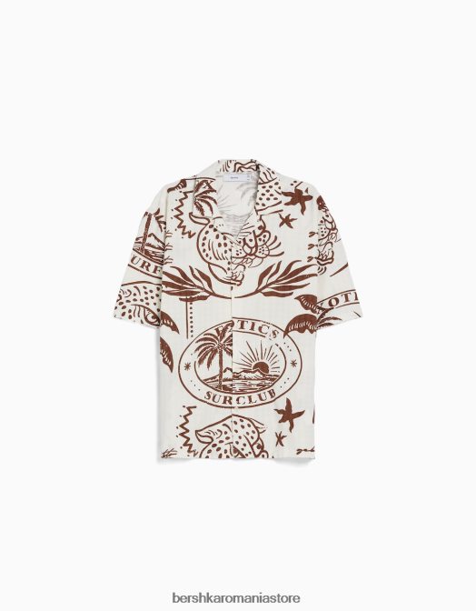 Bershka bărbați cămașă cu mânecă scurtă cu imprimeu rustic aproape alb Z86D2889 îmbrăcăminte