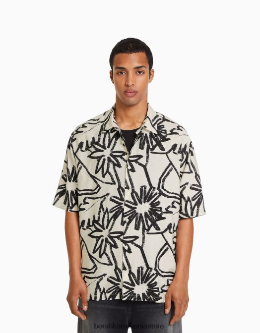 Bershka bărbați cămașă cu mânecă scurtă cu imprimeu rustic cremă Z86D2890 îmbrăcăminte