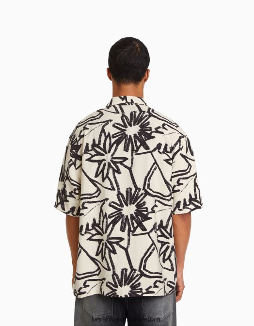 Bershka bărbați cămașă cu mânecă scurtă cu imprimeu rustic cremă Z86D2890 îmbrăcăminte