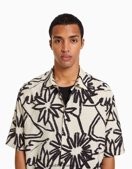Bershka bărbați cămașă cu mânecă scurtă cu imprimeu rustic cremă Z86D2890 îmbrăcăminte