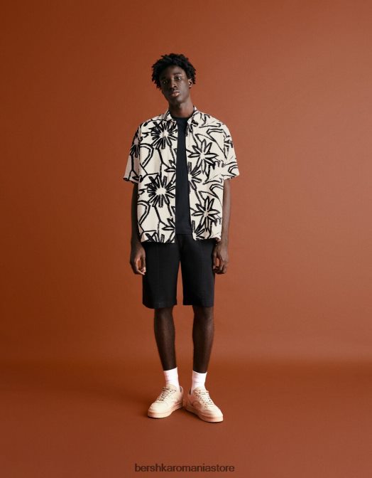 Bershka bărbați cămașă cu mânecă scurtă cu imprimeu rustic cremă Z86D2890 îmbrăcăminte