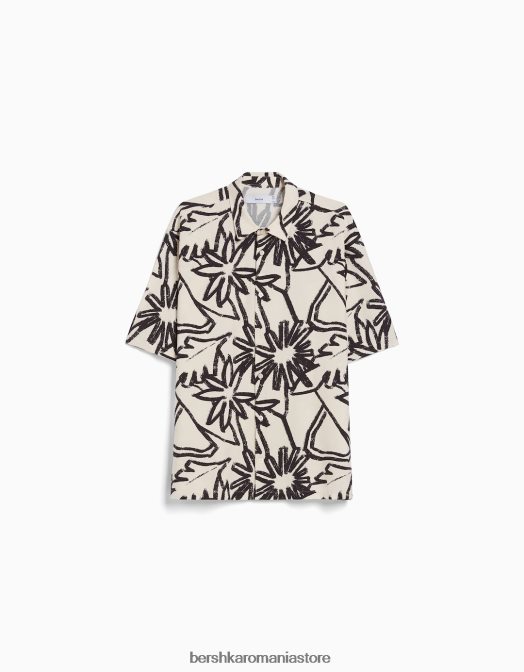 Bershka bărbați cămașă cu mânecă scurtă cu imprimeu rustic cremă Z86D2890 îmbrăcăminte