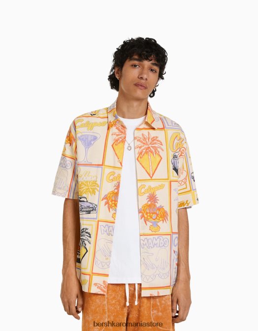 Bershka bărbați cămașă cu mânecă scurtă cu imprimeu rustic cremă Z86D2913 îmbrăcăminte