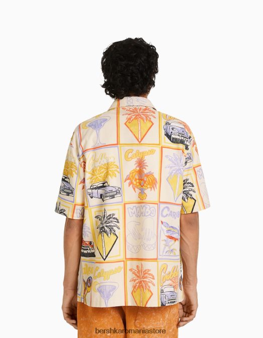 Bershka bărbați cămașă cu mânecă scurtă cu imprimeu rustic cremă Z86D2913 îmbrăcăminte