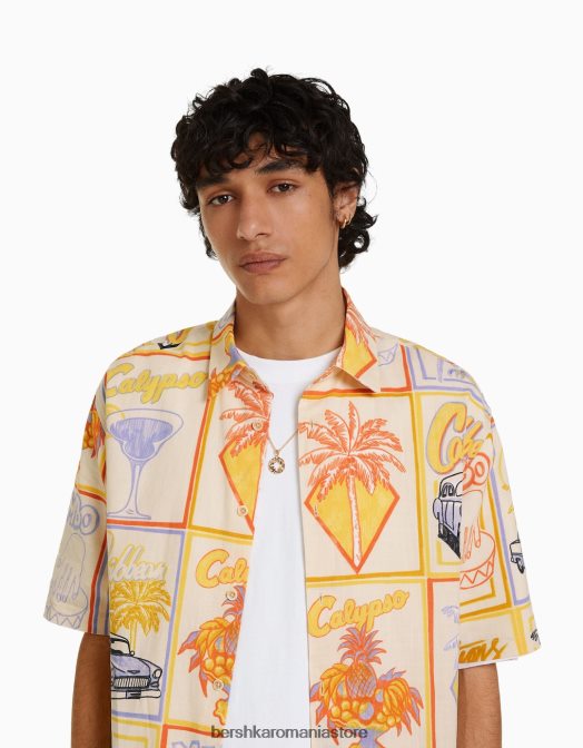 Bershka bărbați cămașă cu mânecă scurtă cu imprimeu rustic cremă Z86D2913 îmbrăcăminte