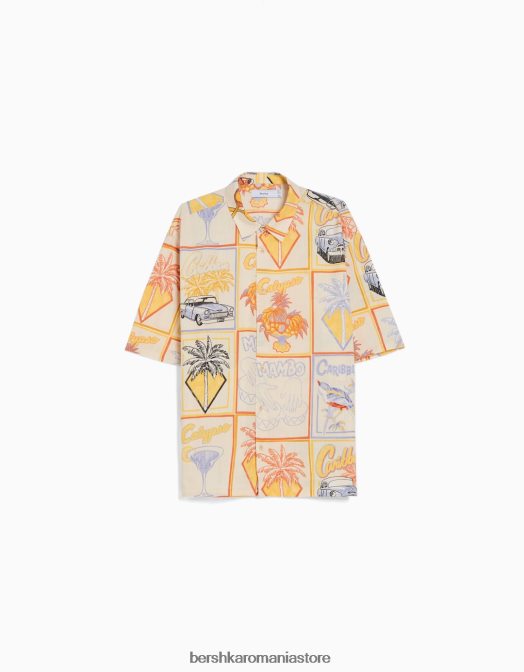 Bershka bărbați cămașă cu mânecă scurtă cu imprimeu rustic cremă Z86D2913 îmbrăcăminte
