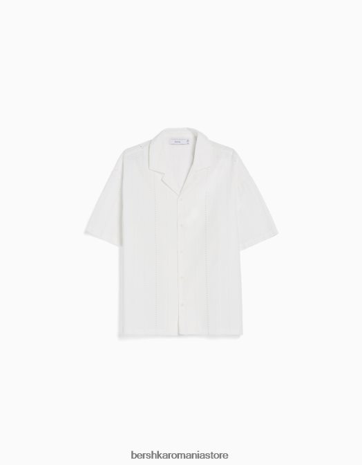 Bershka bărbați cămașă cu mânecă scurtă, cu o formă relaxată, cu broderie elvețiană alb Z86D2923 îmbrăcăminte