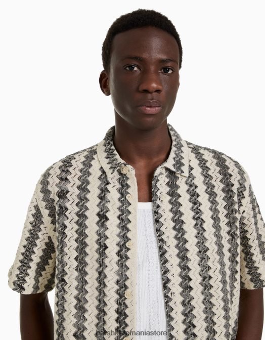 Bershka bărbați cămașă cu mânecă scurtă din tricot deschis nisip Z86D2879 îmbrăcăminte