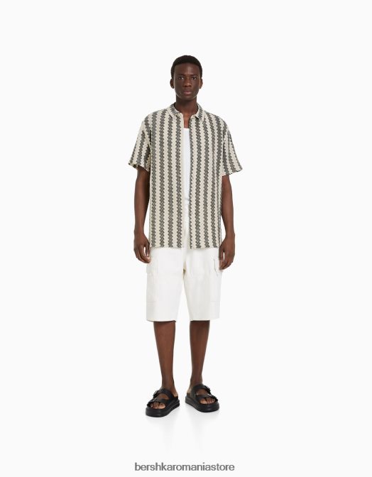 Bershka bărbați cămașă cu mânecă scurtă din tricot deschis nisip Z86D2879 îmbrăcăminte