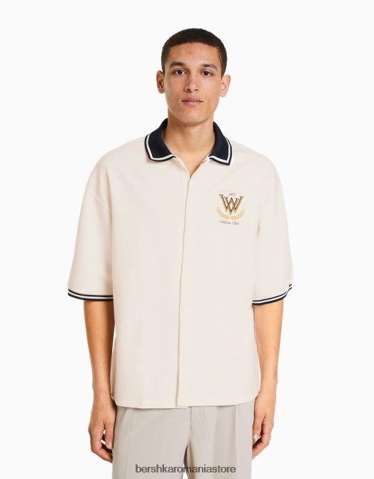 Bershka bărbați cămașă cu mânecă scurtă și guler cu nervuri alb Z86D2940 îmbrăcăminte