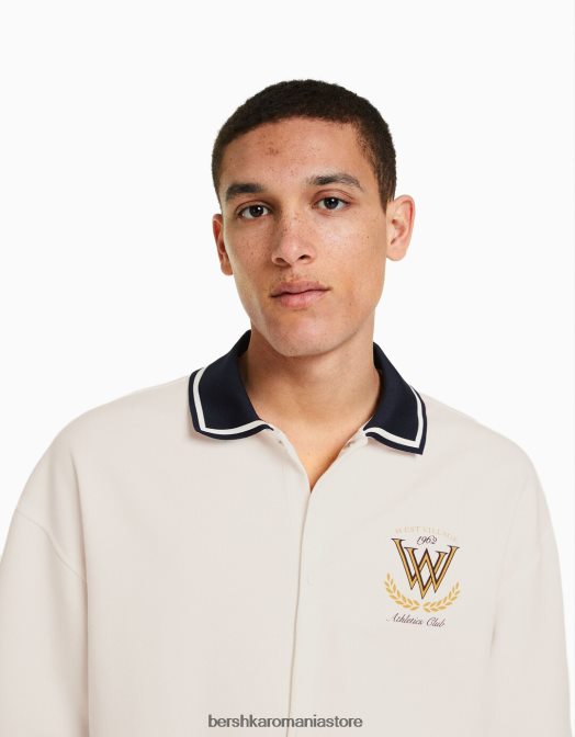 Bershka bărbați cămașă cu mânecă scurtă și guler cu nervuri alb Z86D2940 îmbrăcăminte