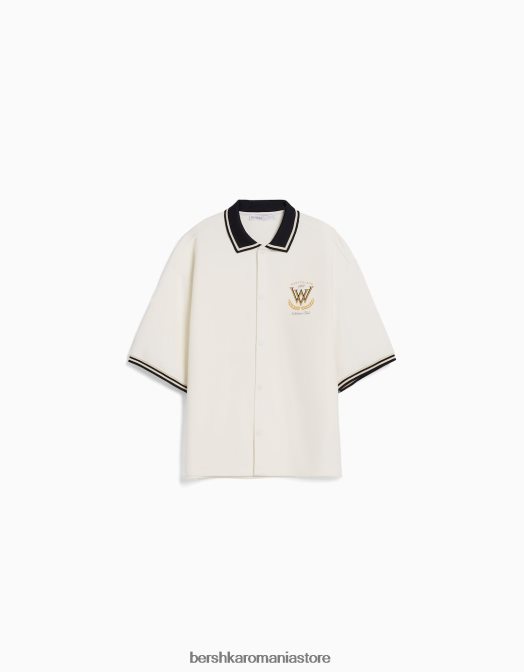 Bershka bărbați cămașă cu mânecă scurtă și guler cu nervuri alb Z86D2940 îmbrăcăminte