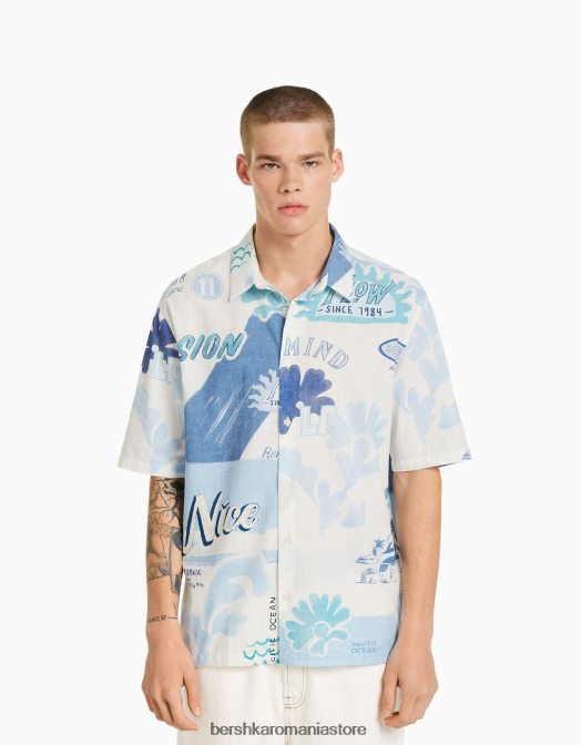 Bershka bărbați cămașă cu mânecă scurtă imprimată albastru deschis Z86D2910 îmbrăcăminte
