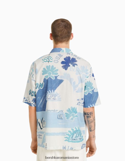 Bershka bărbați cămașă cu mânecă scurtă imprimată albastru deschis Z86D2910 îmbrăcăminte