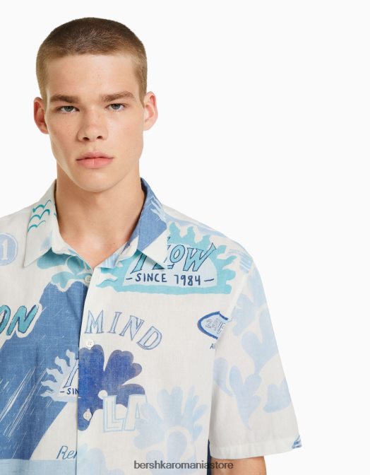 Bershka bărbați cămașă cu mânecă scurtă imprimată albastru deschis Z86D2910 îmbrăcăminte