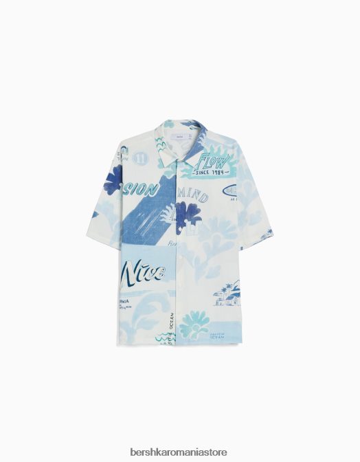 Bershka bărbați cămașă cu mânecă scurtă imprimată albastru deschis Z86D2910 îmbrăcăminte