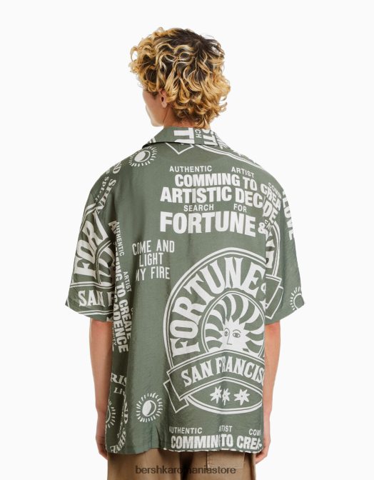 Bershka bărbați cămașă cu mânecă scurtă imprimată kaki Z86D2888 îmbrăcăminte