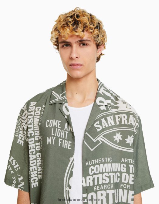 Bershka bărbați cămașă cu mânecă scurtă imprimată kaki Z86D2888 îmbrăcăminte