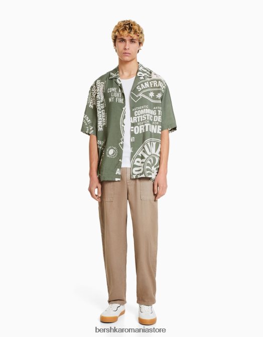 Bershka bărbați cămașă cu mânecă scurtă imprimată kaki Z86D2888 îmbrăcăminte