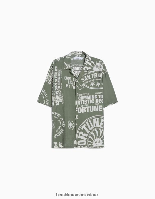 Bershka bărbați cămașă cu mânecă scurtă imprimată kaki Z86D2888 îmbrăcăminte