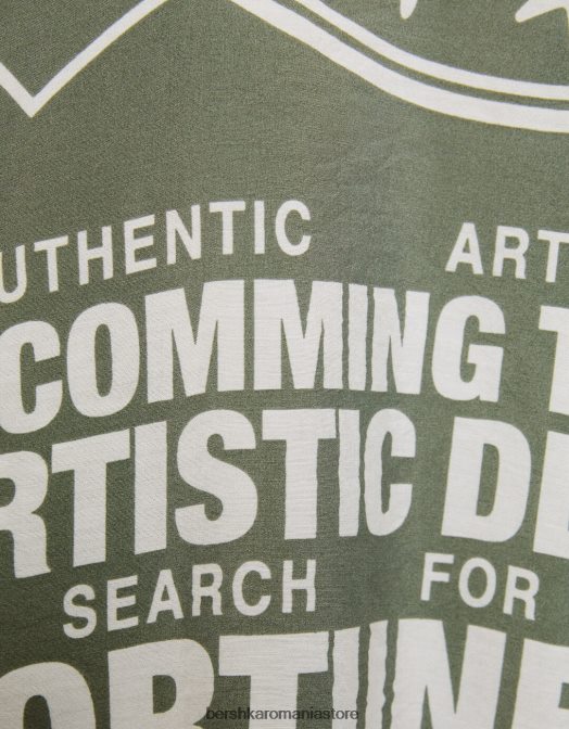 Bershka bărbați cămașă cu mânecă scurtă imprimată kaki Z86D2888 îmbrăcăminte