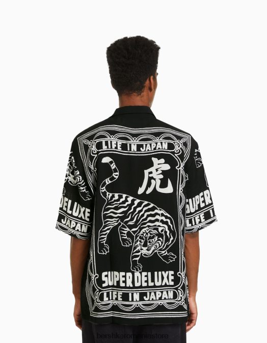 Bershka bărbați cămașă cu mânecă scurtă imprimată negru Z86D2860 îmbrăcăminte