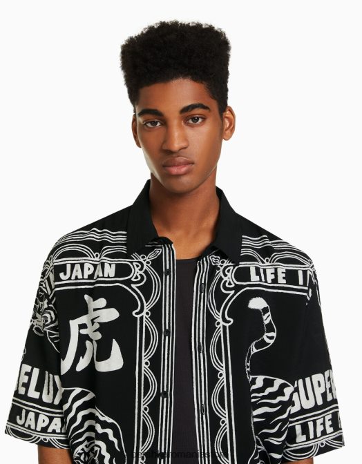 Bershka bărbați cămașă cu mânecă scurtă imprimată negru Z86D2860 îmbrăcăminte