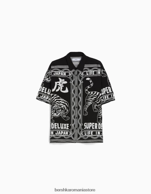 Bershka bărbați cămașă cu mânecă scurtă imprimată negru Z86D2860 îmbrăcăminte
