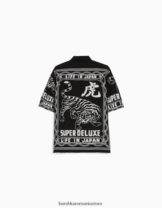 Bershka bărbați cămașă cu mânecă scurtă imprimată negru Z86D2860 îmbrăcăminte