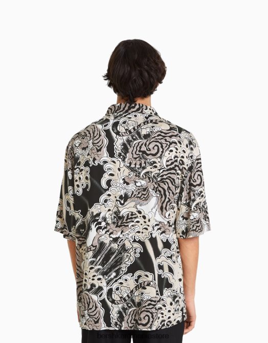 Bershka bărbați cămașă cu mânecă scurtă imprimată negru Z86D2871 îmbrăcăminte