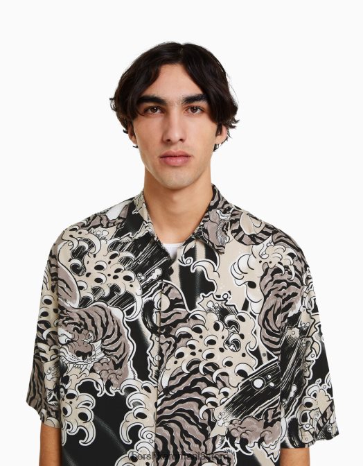 Bershka bărbați cămașă cu mânecă scurtă imprimată negru Z86D2871 îmbrăcăminte
