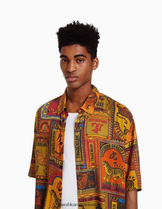 Bershka bărbați cămașă cu mânecă scurtă imprimată portocale Z86D2859 îmbrăcăminte