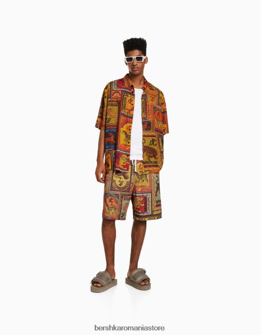 Bershka bărbați cămașă cu mânecă scurtă imprimată portocale Z86D2859 îmbrăcăminte